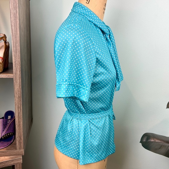 09 . Vintage 🌸 Teal Polka Dot Secretary’s Top - Picture 4 of 6